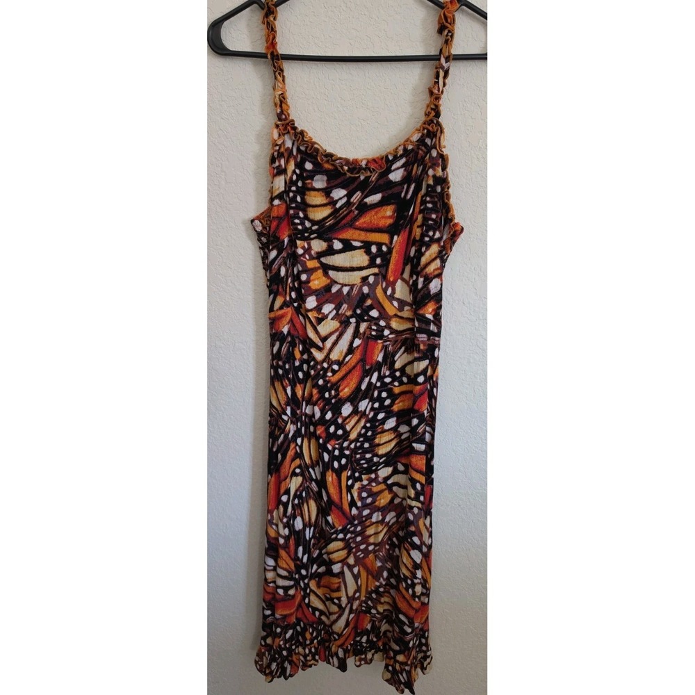 Sun Dress Lettuce Spag Strap & Neckline, Ruffle Hem Boho Festival Smocked Large